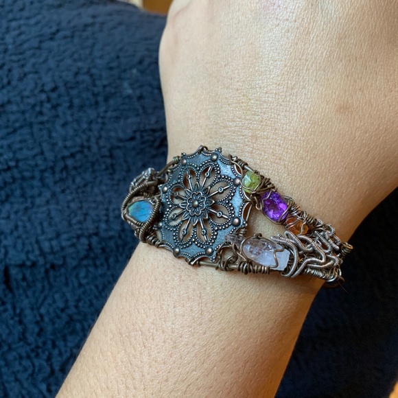 Artisan Vintage Copper and Natural Gemstone Coffee Bracelet - Picture 2 of 14